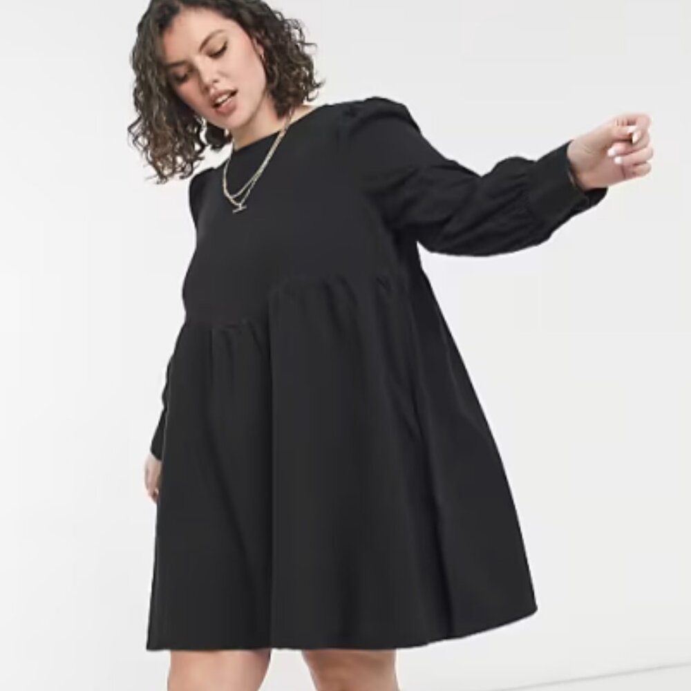 ASOS Curve Soft Denim Puff Sleeve Smock Dress, Washed Black Size 24